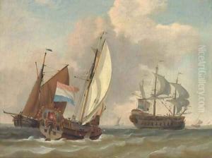A Dutch Admiralty yacht running out to meet the flagship arriving at her anchorage by Dutch School