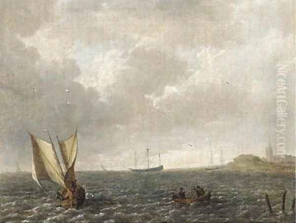 A Dutch smalschip under goose-wing rig off the Dutch coast - view 1
