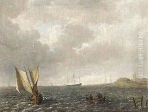 A Dutch smalschip under goose-wing rig off the Dutch coast by Dutch School