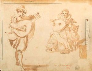 A figure tuning his lute, a seated female lute player behind by Dutch School