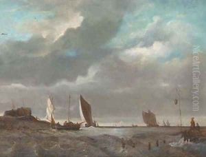 A fishing fleet in coastal waters by Dutch School