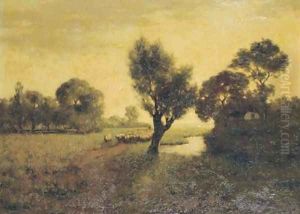 A flock by a river at dusk by Dutch School