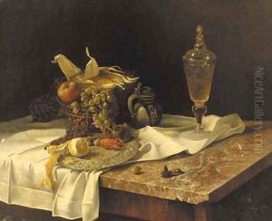A lobster, fruit, a jug and a vessel of wine on a marble table