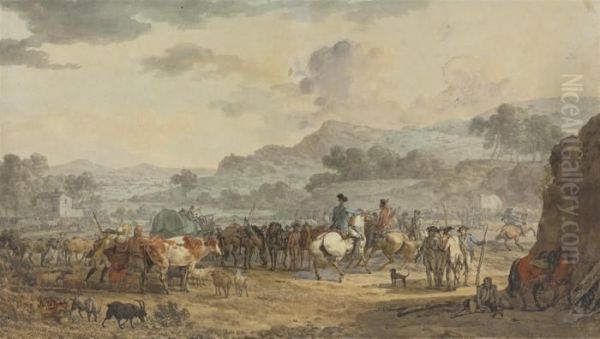 Cavalry In A Valley Rounding Up A Group Of Peasants And Theirlivestock - view 1