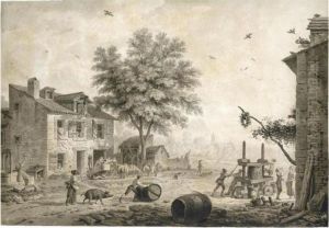 A Road Through A Village, With Men Operating A Cider Press To The Right