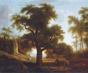 A Landscape With A Crowned Lady 
Praying At A Shrine, Her Escort Waiting On Horseback Beneath A Tree