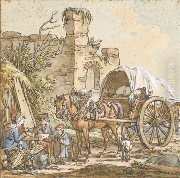 Un Couple Assis A Table Avec Un Enfant Dans Un Paysage - view 1