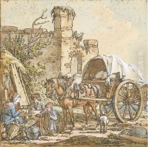 Un Couple Assis A Table Avec Un Enfant Dans Un Paysage by Joseph Swebach-Desfontaines