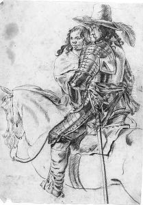 A soldier in armour on a horse, a woman nearby