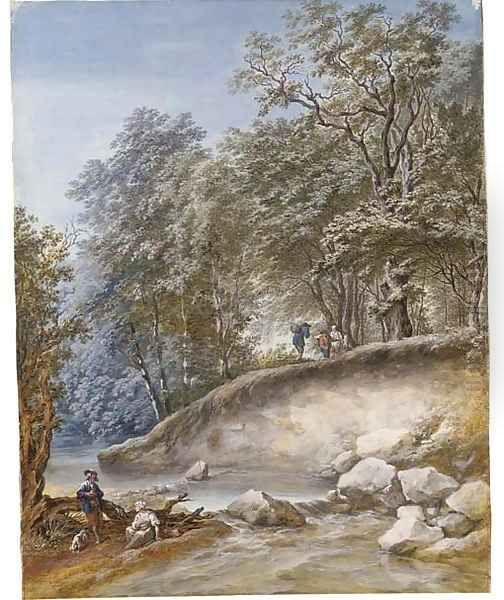 A stream through a wood with travellers by a ford - view 1