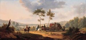 An Extensive Wooded Landscape With Cavalrymen Escorting A Wagontrain