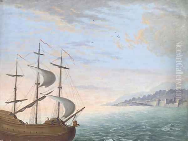 A three-masted ship sailing near the coast - view 1