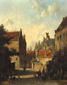 A view in a city with townsfolk conversing in the street by Dutch School