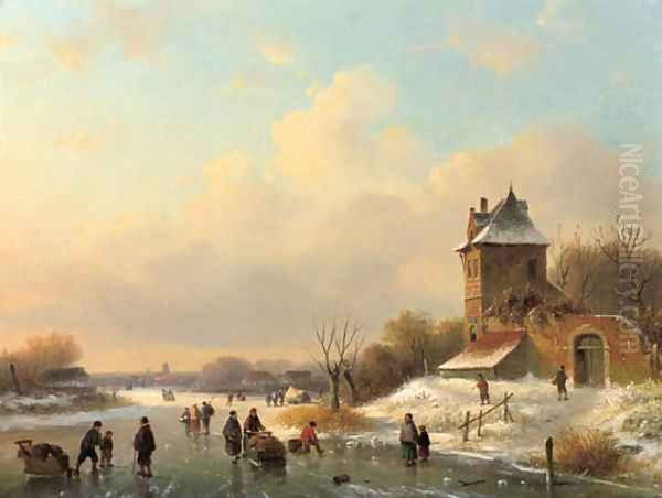 A winter landscape with skaters by a fortified mansion - view 1