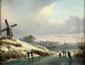 A winter landschape with skaters on a frozen waterway by Dutch School
