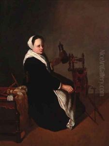 A woman spinning in an interior by Dutch School