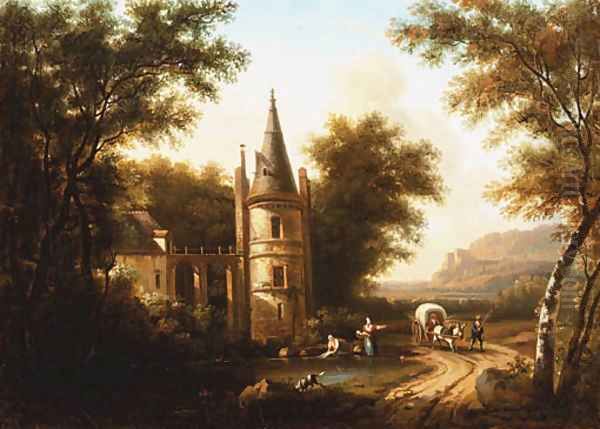 A wooded river Landscape with a horse-drawn Wagon on a Path, and Washerwomen on the Shore by a turreted Villa - view 1