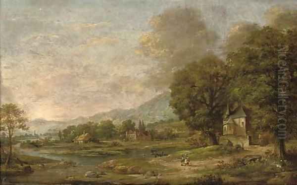 An extensive wooded river landscape with figures in the foreground - view 1