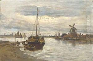 Barges on a lowland estuary by Dutch School