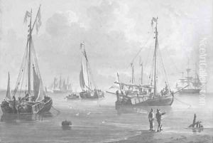 Dutch smalschips in a crowded anchorage by Dutch School