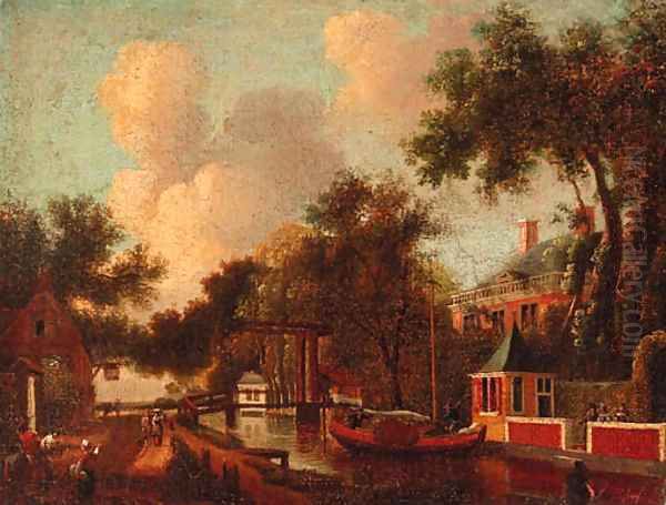 Figures by a canal, a house beyond - view 1