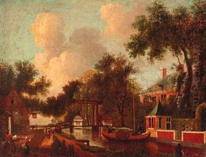 Figures by a canal, a house beyond