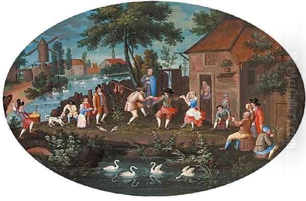 Figures carousing before an inn in a Dutch landscape - view 1