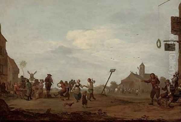 Figures dancing in a village square - view 1