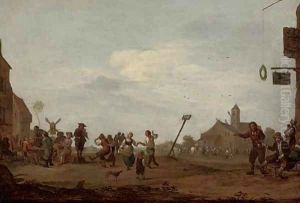 Figures dancing in a village square