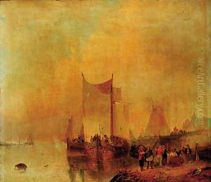 Figures on a quay by Dutch School