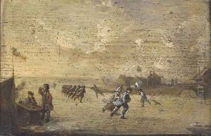 Figures skating on a frozen river before a bridge
