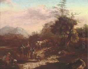 Herding cattle over a bridge, an extensive landscape beyond