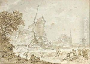 Landscape with farmers haying near a windmill and a farmhouse, a town beyond by Dutch School