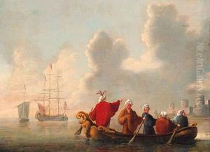 Orientals in a rowing boat, a man-o'-war and a coastal fort beyond
