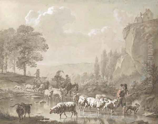 Peasants with their flocks fording a stream - view 1
