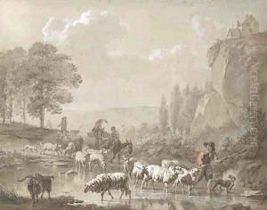 Peasants with their flocks fording a stream by Dutch School