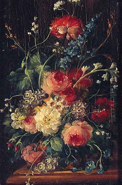 Roses, Delphiniums, Primulas And Narcissus In A Vase On A Ledge - view 1