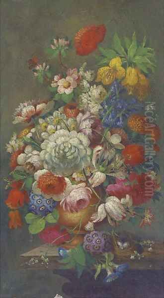 Roses, tulips, apple blossom, honeysuckle, narcissae and other summer flowers in a ewer by a birds' nest on a marble plinth - view 1