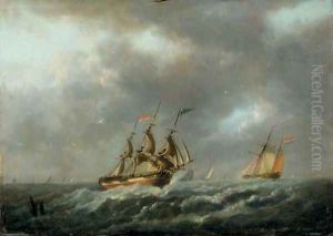 Sailing vessels in a stiff breeze by Dutch School