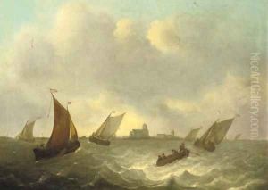 Shipping in choppy waters, a town beyond by Dutch School