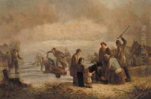 Skaters on a frozen lake by Dutch School