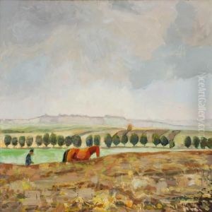 Autumn Landscape With Working Farmer by Fritz Syberg