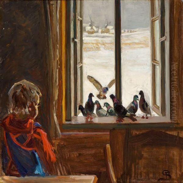 The Painter's Daughter Is Watching The Pigeons In The Window Sill - view 1