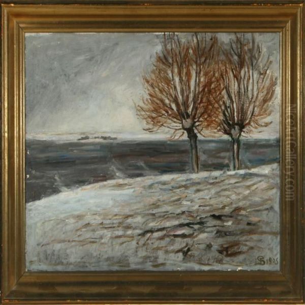 Willow Trees In The Snow On The Banks Of Kerteminde Fiord - view 1