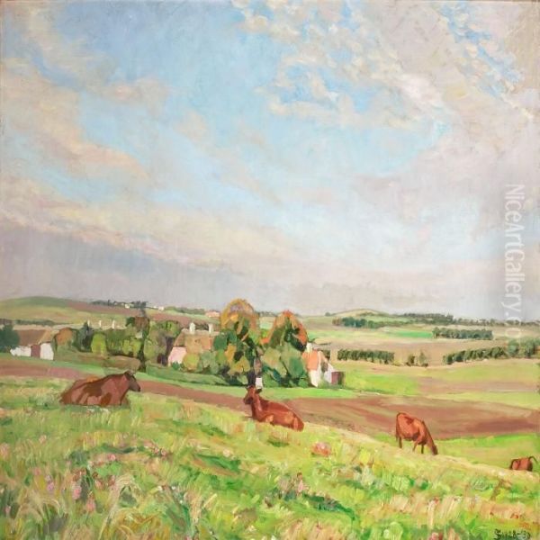 Grazing Cows In The Flowering Field - view 1