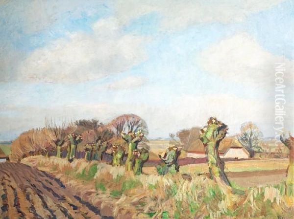 A Sunny Fall Landscape With Pollarded Trees. Signed Monogram 1930-35 - view 1