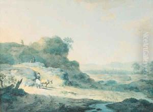 Travellers and a herdsman with cattle on a hilly road by Dutch School