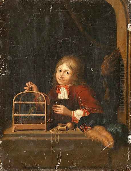 A Boy holding a Birdcage at a Casement - view 1