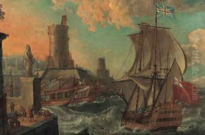 A British Man-of-War entering a Harbor in stormy Seas