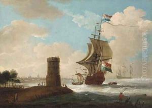 A coastal landscape with a tower and Dutch warships, a town beyond